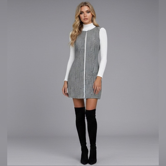 Houndstooth Print Zip Up Sleeveless Dress Without Sweater - Picture 3 of 9